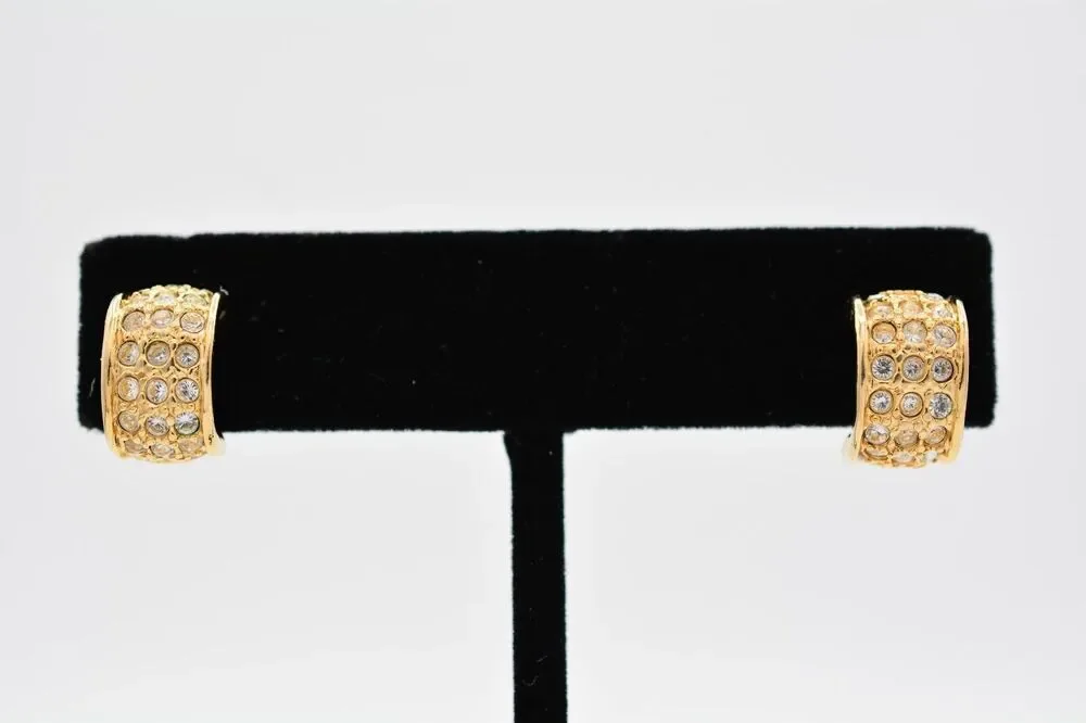JJI Vintage Hoop Earrings Rhinestone Crystal Gold Tone Signed 9L